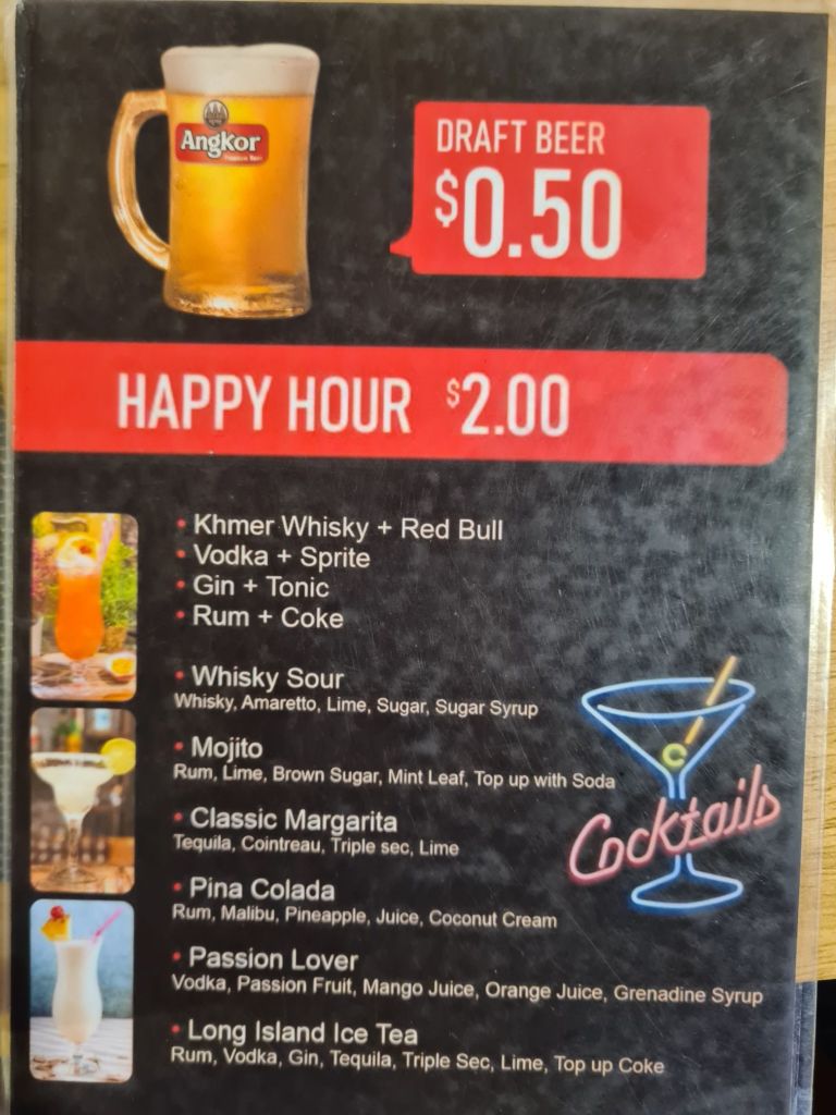 Menu featuring draft beer for $0.50 and Happy Hour drinks at $2.00, including Khmer Whisky, Mojito, Classic Margarita, and more cocktails.