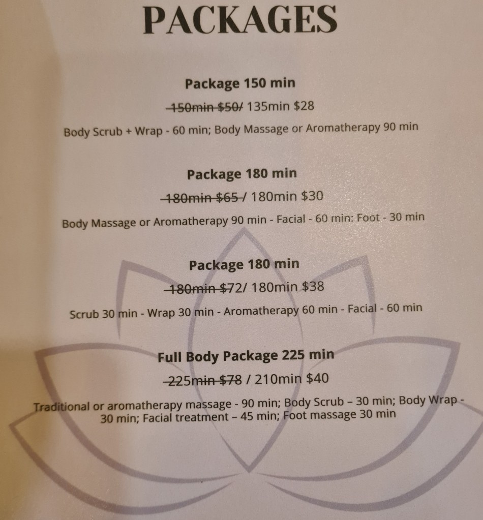A menu displaying spa package options with details on duration and pricing for various treatments including body scrubs, massages, facials, and aromatherapy.
