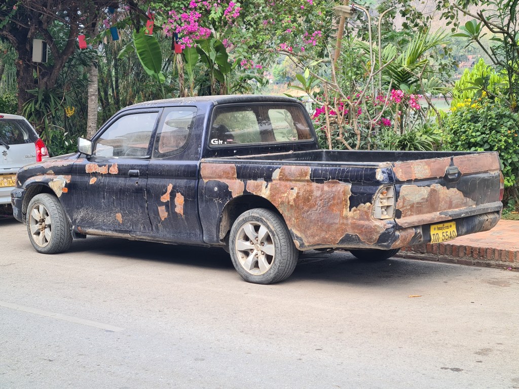 An old, weathered pickup truck with a black exterior and substantial rust patches, parked beside colorful greenery and flowering plants.