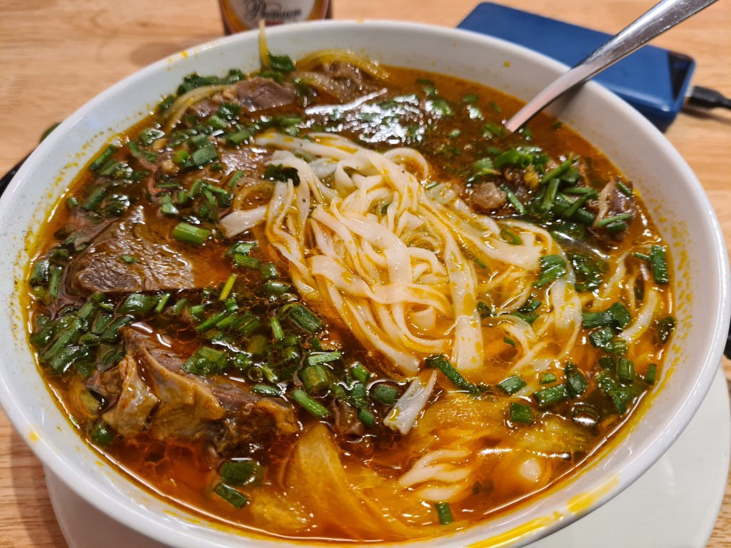 A bowl of steaming noodle soup with tender pieces of meat, topped with fresh green onions and a rich, flavorful broth.