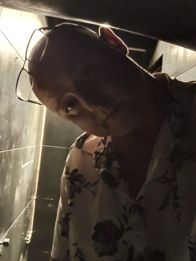 A person with a bald head and glasses tilting their head at an angle, wearing a floral patterned shirt in a dimly lit environment.
