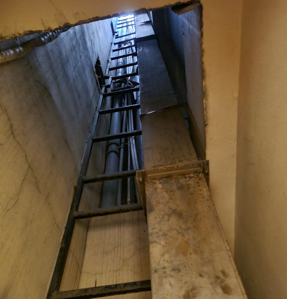 A narrow vertical shaft containing a metal ladder and exposed pipes, with light visible at the top.